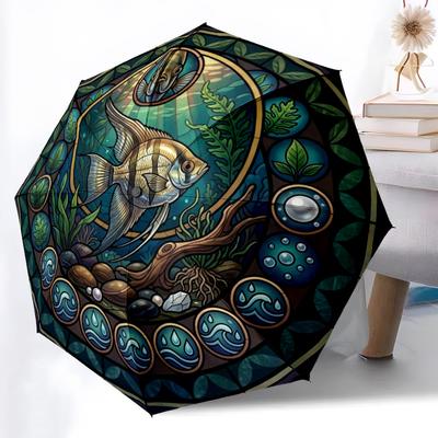 Aquatic Glass Pattern Umbrella, Portable and Foldable Design, 8 Ribs, a Casual Accessory for Halloween, Christmas, and Birthday Gifts.