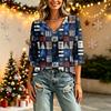 Women's Casual Christmas Print V-Neck Three-Quarter Sleeve Blouse for Holiday Party
