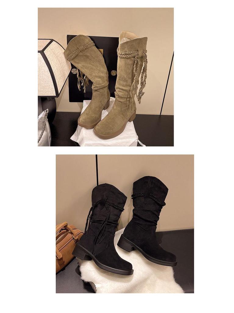 Women's Retro Post-Apocalyptic Western Tassel Boots – 2025 Autumn/Winter Long Slouchy Mid-Calf Style