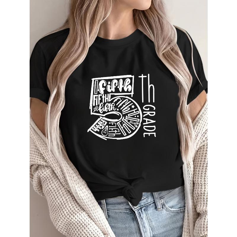 

[Fun Teacher Apparel] Fun Teacher Apparel - Women s Fifth Grade Graphic Tee | Casual Crew Neck Short Sleeve T-Shirt with Applique 4XL чорний