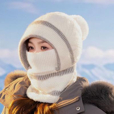 Winter Knitted Hat Scarf Mask One-Piece Plush Pompom Beanies for Women Fleece Lining Warm Bonnet Ears Neck Protection Skiing Cap