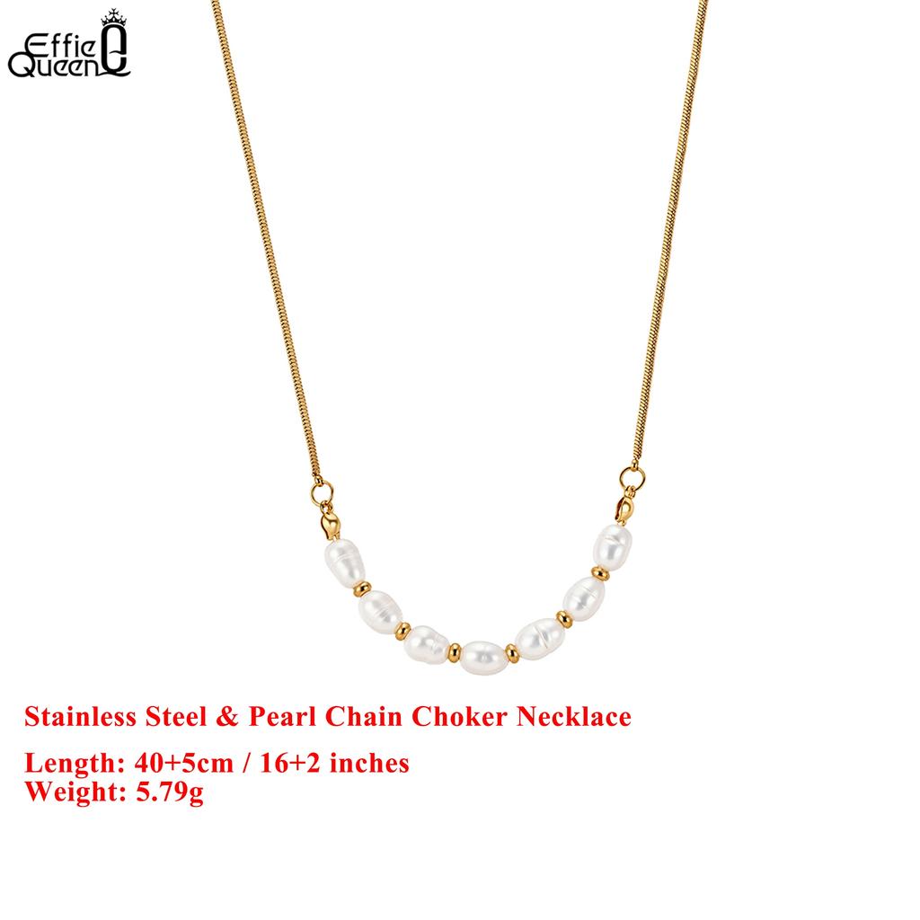EFFIE QUEEN Stainless Steel 18k Gold Oval Pearl Chain Choker Necklace Natural Jewelry for Women Wedding Party Banquet STPN04