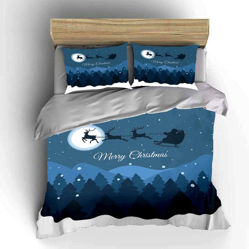Santa Sleigh and Reindeer Scene Bedding Duvet Cover Set Duvet Cover Pillowcases (1*Duvet Cover 2*Pillowcases, Without Duvet Insert)
