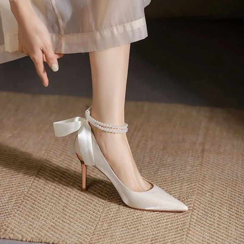 Maogu Satin Rhinestone Crystal Shallow Pumps Stiletto High Heel Luxury Women's Shoe 2024 Spring White Women Bridal Wedding Shoes