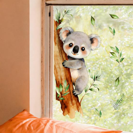 Removable Koala Window Cling Cute Koala on Branch Sticker Watercolor Animal Static PVC Decals for Kids Baby Bedroom Nursery