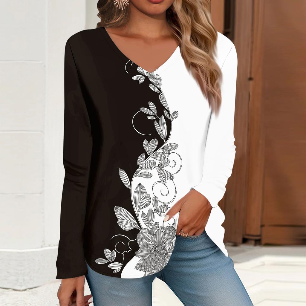 Women's T Shirt Tee Print Long Sleeve Daily Weekend Daily Basic V Neck Regular  Fall Winter Tops