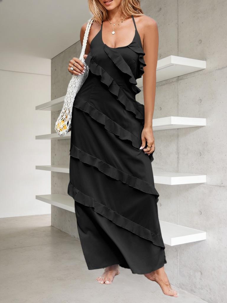 Abito Maxi da Donna in Chiffon con Scollo all'Americana Senza Maniche Schiena Scoperta Ruffle Nappa Abito da Festa