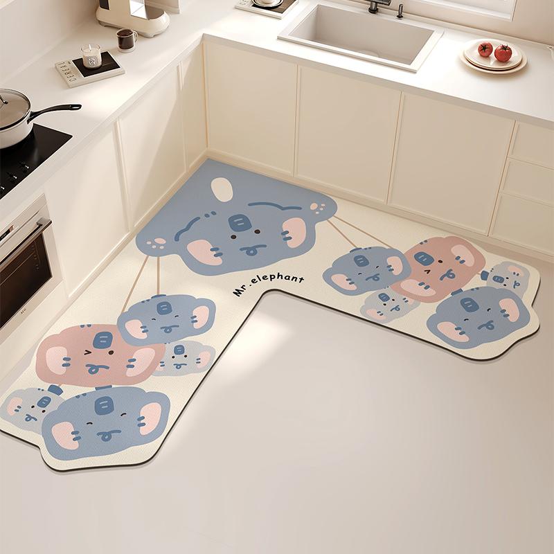L-shaped Kitchen Carpet Cute Cartoon Diatom Mud Floor Mat Creative Water-absorbing Corner Bathroom Mats Non-slip Washable Rug IG