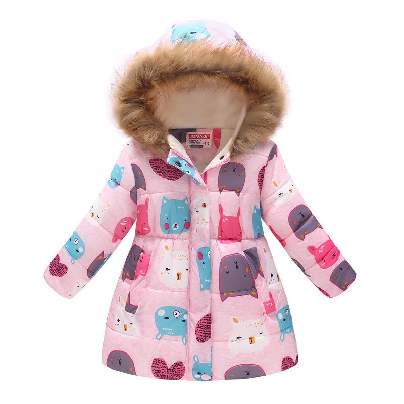 Autumn and Winter Children's Cotton Jacket Boys and Girls Fashion Printing Cartoon Big Boy Long Section Hair Collar Hooded Cotton Coat Jacket