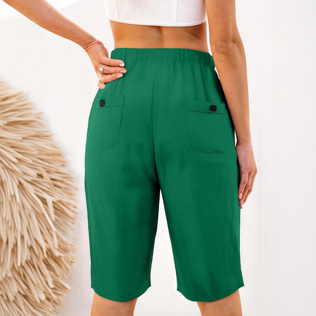 Women's Casual Fashion -Color Elastic Waistband Pocketed Wide-Leg Straight-Cut Shorts