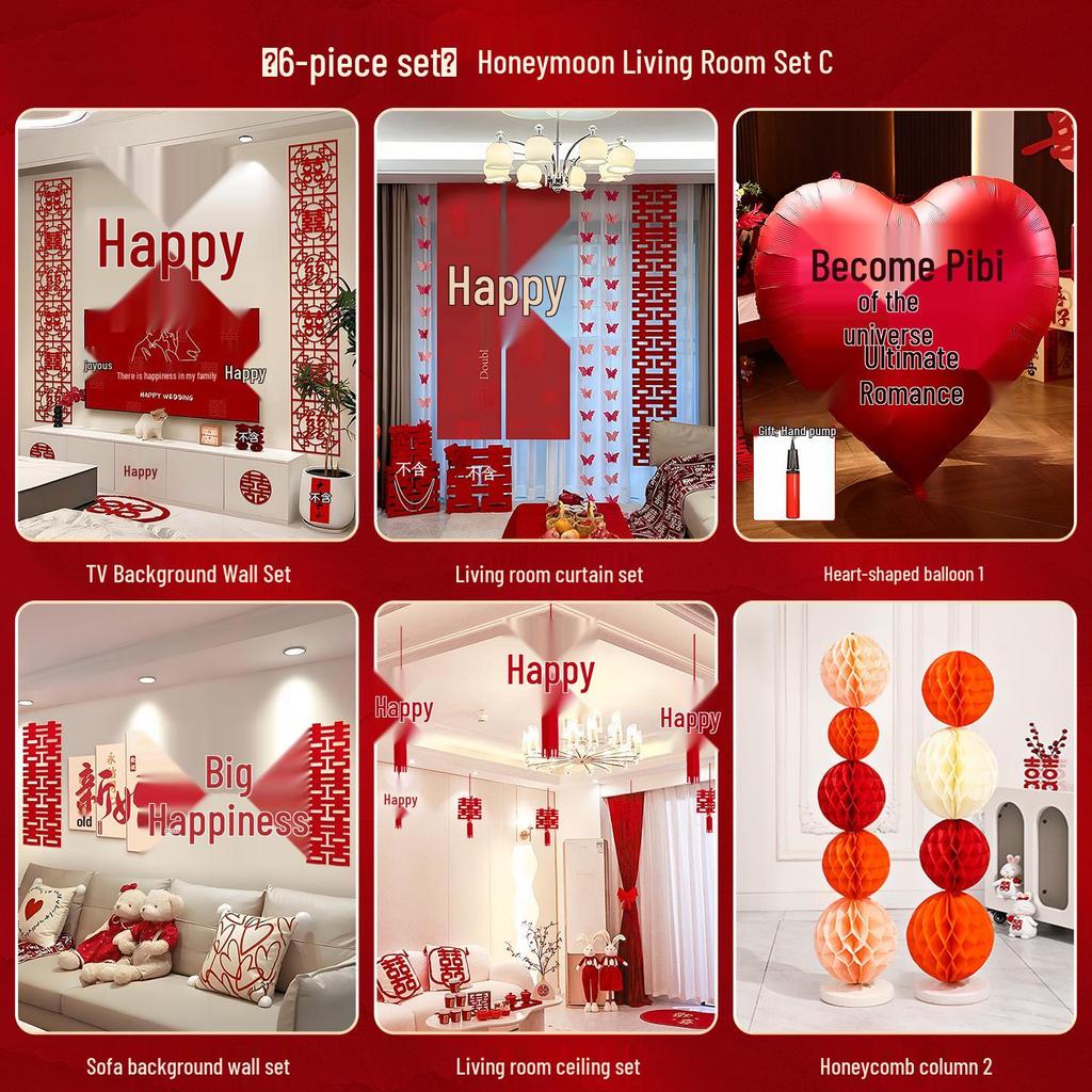 Wedding Room Décor Set: Bride & Groom Bedside Background with Pull Flowers & Double Happiness KT Board