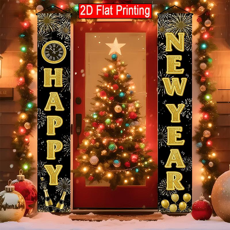 2pcs Christmas & New Year Firework Door Couplet Black Golden 12x70.8in