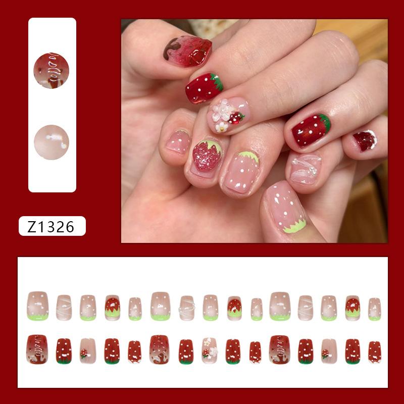 24 Pieces three-dimensional cat's eye gradual change cute strawberry polka dot pearl playful girl style removable manicure 30 pieces