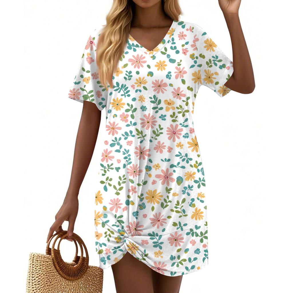 Women's Summer Casual Floral Printed Hem Knotted Short Sleeve Dresses
