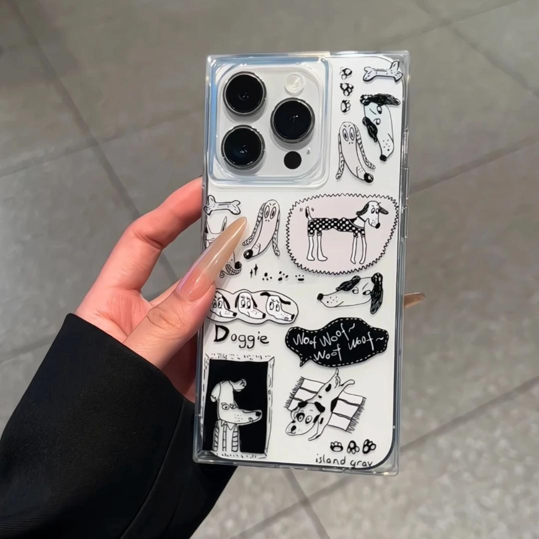 

Square black and white hand-painted puppy for iPhone 16 Pro Max 15 Plus 11 phone case 14 transparent 13 cross-border 12 soft iphone 16