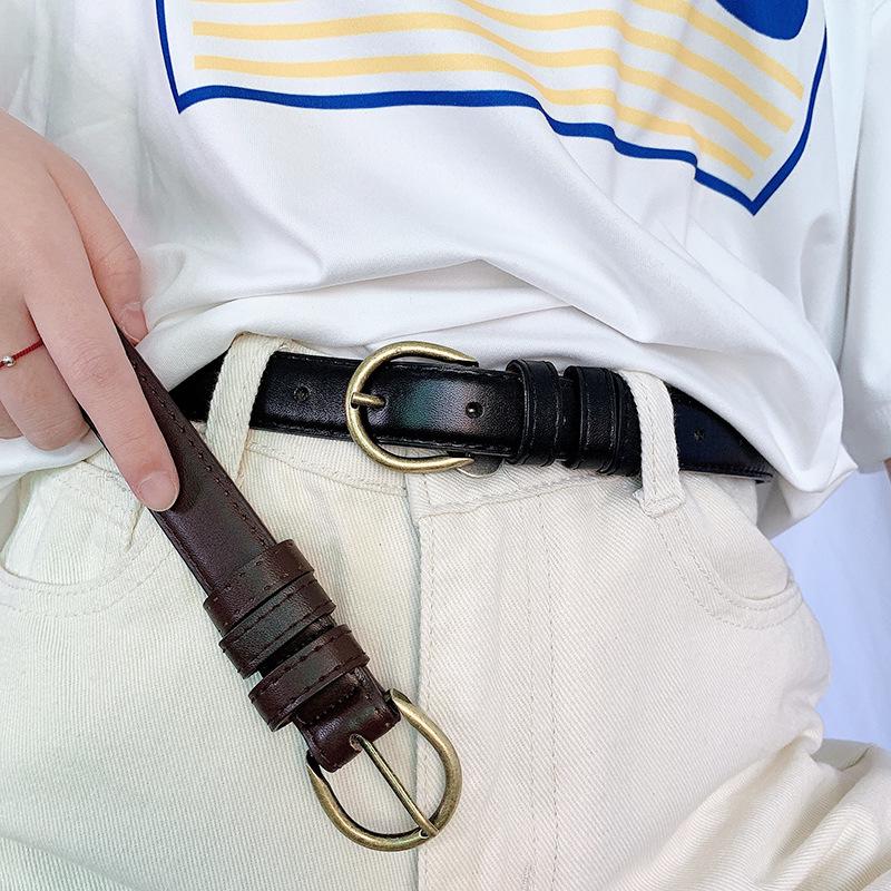 Retro Gürtel im koreanischen Stil mit Dornschließe aus dünnem Leder für Damen - Dekorativer Studentengürtel mit Kuh-Detail für Hosen und Röcke