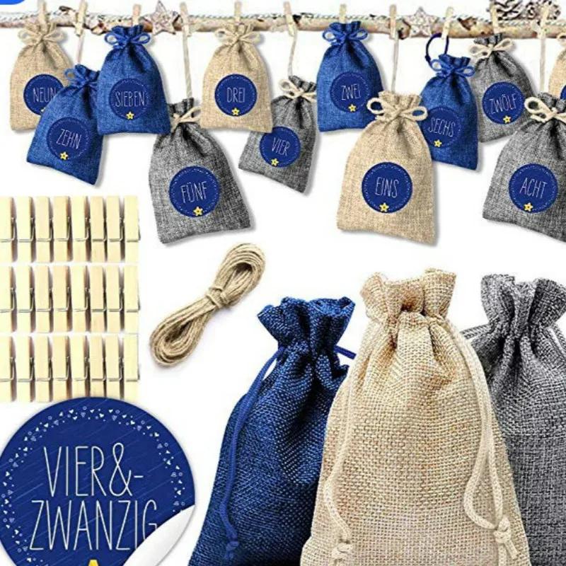 Christmas Gift Bags Calendar Countdown Jute Bag Advent Calendar Christmas Gift Bag Candy Storage Pouch DIY Christmas Gift Bag