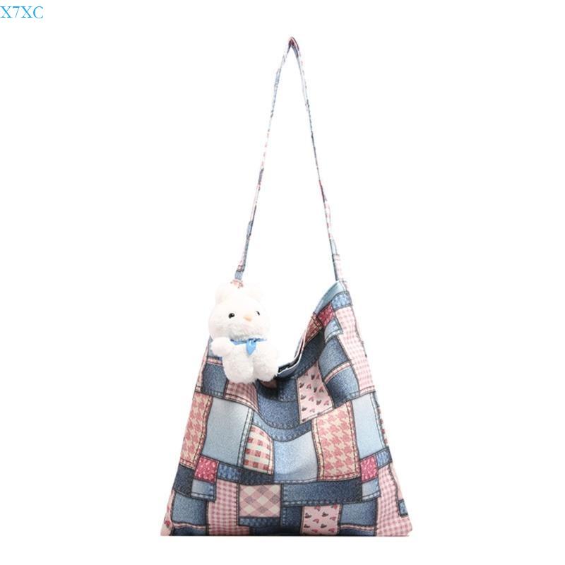 X7XC Canvas Shoulder Bag Large Capacity Checkered Patchwork Casual Handbag for Women розовый