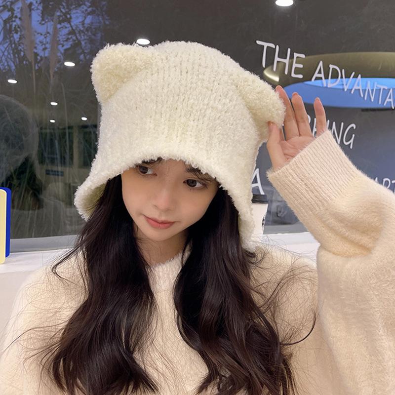 Autumn and Winter Plush Bear Knitted Hat Warm and Ear Protecting Cold Hat Japanese-style Large Head Knitted Hat Panda Element
