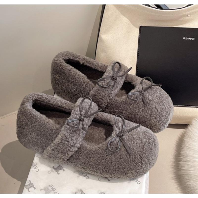 Fashion Women Fur Internal Increase 5CM Flat Shoes Winter Warm Plush Mary Jane Shoes Elegant Woman Soft Soled Bowknot Shoes