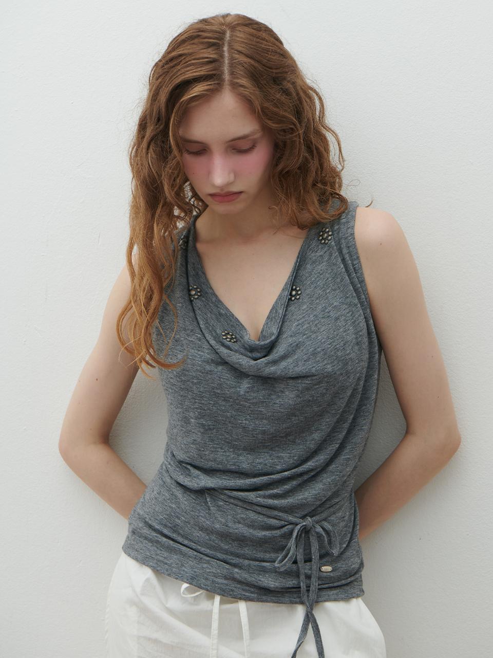 Double Hips Flower Stud Deep Neck Top (Gray) Grey