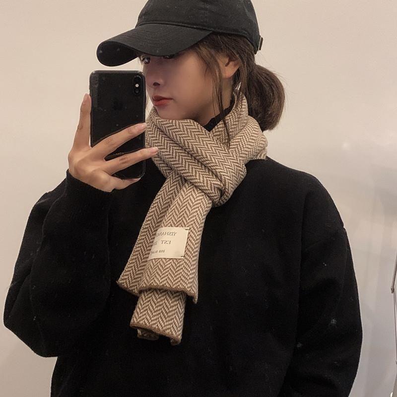 Herringbone Pattern Winter Korean Scarf for Women Cute Fashionable and Versatile Japanese Autumn New Style Knitted Woolen Scarf Trendy and Warm