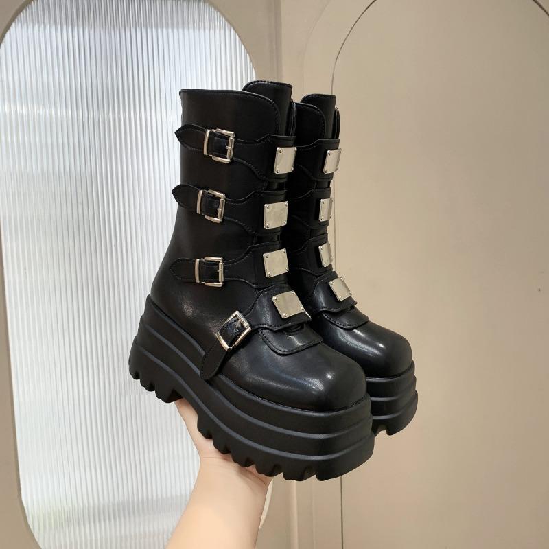 New Metal Decoration Women's Boots Side Zipper Round Toe Thick Sole Belt Buckle Women's Shoes Fashion Punk Style Mid-calf Boots