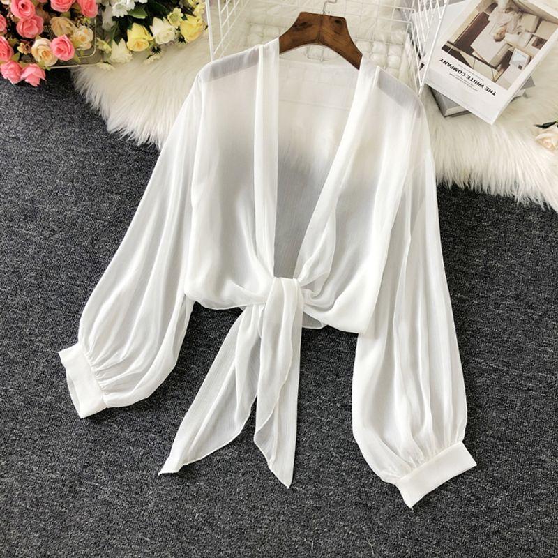 

2024 Early Summer New Lantern Sleeve Ultra-Thin Sun Protection Clothing Loose Slim Looking Plus Size Ladies Fashion Short Coat Shawl Shirt White L
