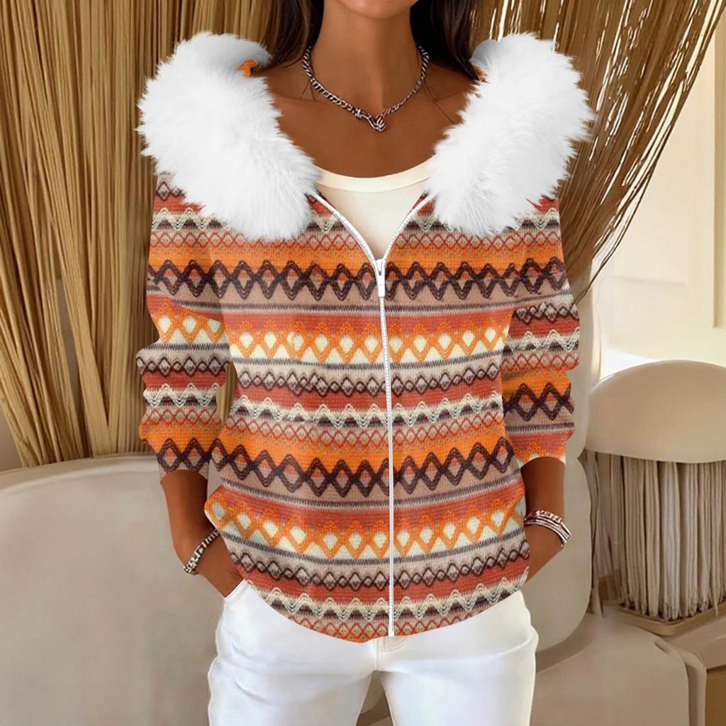 Women's Fashion Casual Sweater Zipper Print Cardigan Plush Hooded Jacket