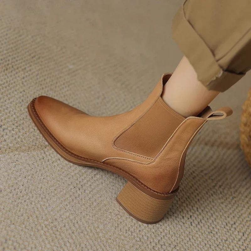 Fashion 2024 Hot Sale Women Boots Ankle Boots Genuine Leather Shoes for Women Chelsea Short Boots Chunky Heel Ladies Women Shoes