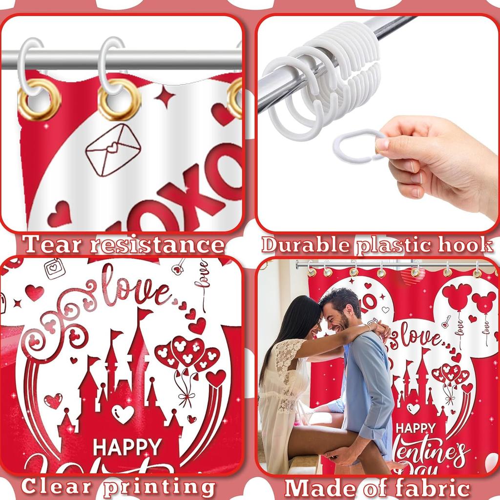 Valentines Day Shower Curtain,Valentine Decor Red Mouse Valentine Shower Curtain Waterproof Cartoon Love Fabric Valentines Bathroom Curtain with