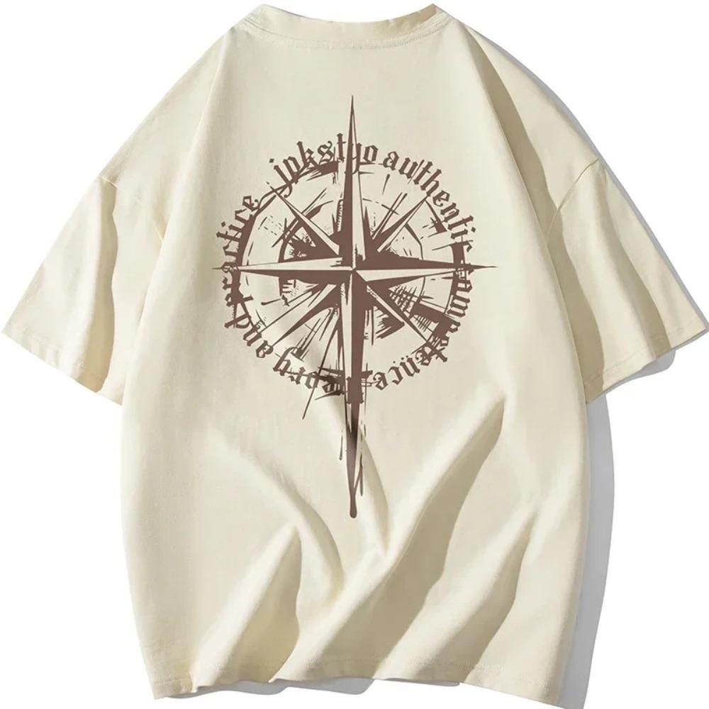 2024 Summer Compass Motif Print Signature Man T-Shirt Premium Cotton Tees Tops Short Sleeve Oversized Men Harajuku