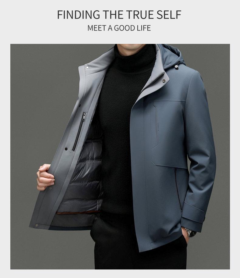Men's Mid-Length Hooded Detachable Down Jacket - Thick, Warm Outerwear