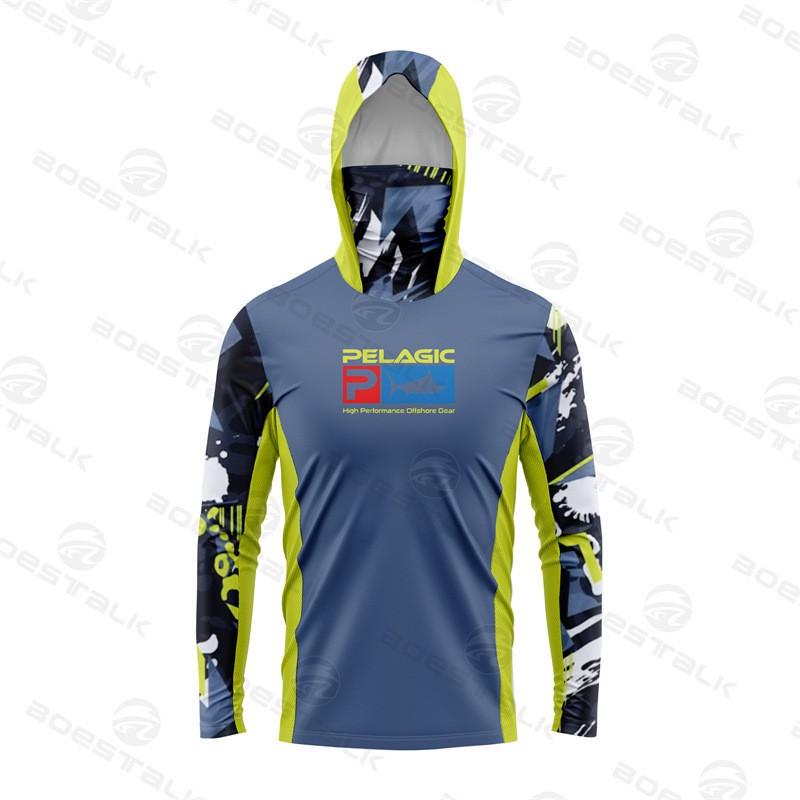 Mens UPF 50 Quick Dry Breathable Hooded Fishing Rash Guard With Face Cover Surfing Diving Water Sports