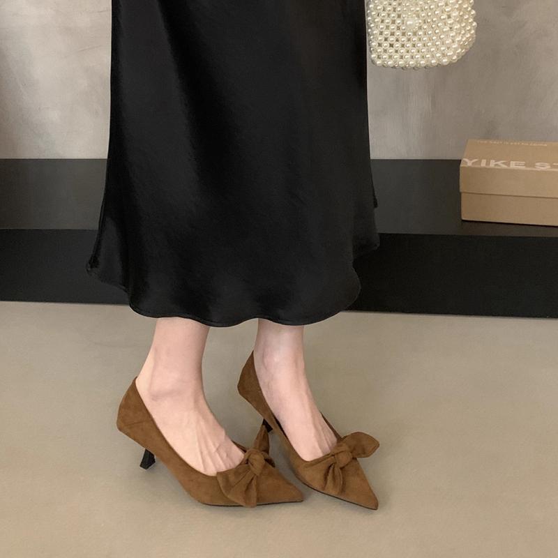 Fashion SUOJIALUN 2025 New Brand Women Pumps Shoes Fashion Bow-knot Pointed Toe Shallow Slip On Boat Shoes Thin High Heel Single Shoes