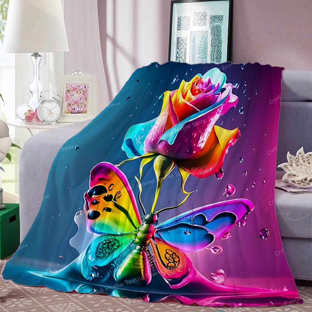 Colorful Rose & Butterfly Design Flannel Blanket Sofa Lunch Soft Break Blanket Children Student Kids Gift,Office Couch Chair Bed