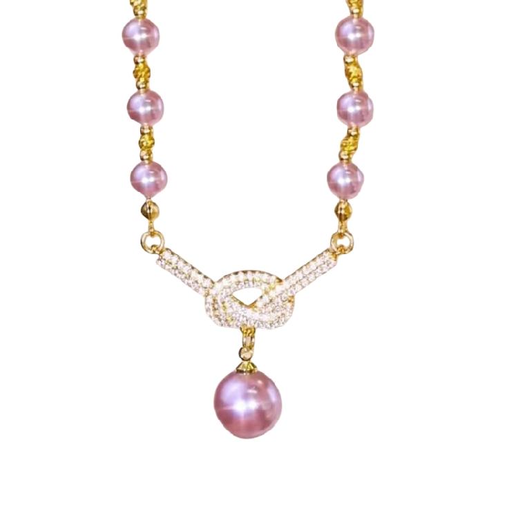 Crystal Studded Adjustable Pearls Necklace for Women Allergy Resistant Jewelry with Knot Detailing Evening Wear