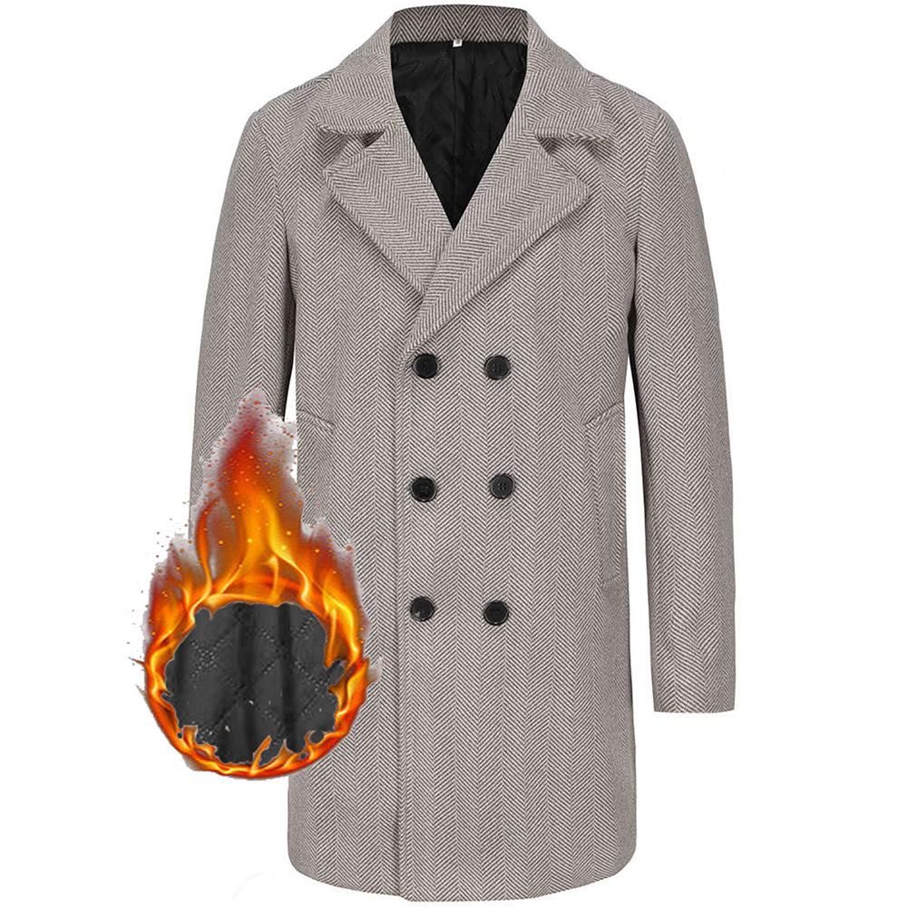 Men's Mid-Length Plaid Wool Coat - Double-Breasted, Cotton-Padded Jacket