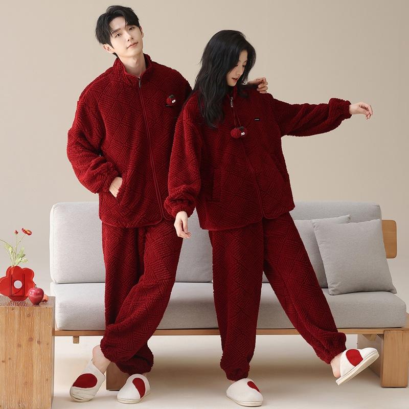 Pajamas Wedding Newlywed Couple Suit Autumn And Winter Coral Fleece Thickened Warm Natal Year Wedding Red Loungewear