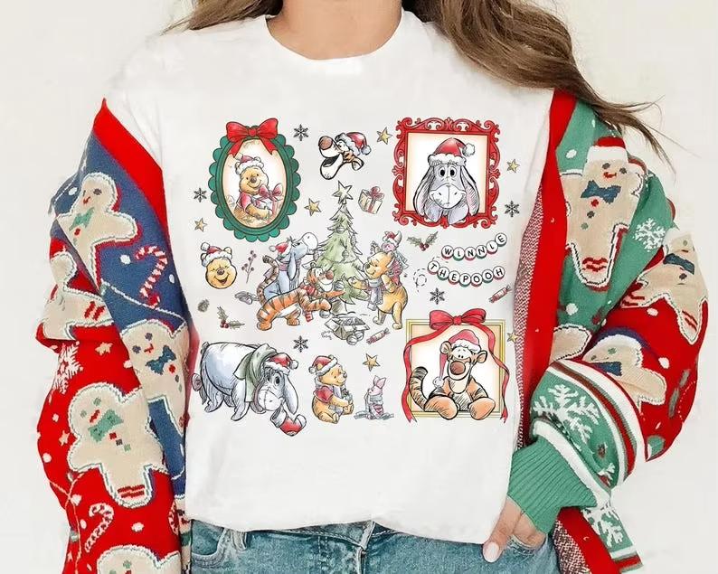 Watercolor   Winnie The Pooh Christmas Coquette Bow Shirt Pooh Tigger Eeyore Piglet Christmas Shirt Disneyland Matching S