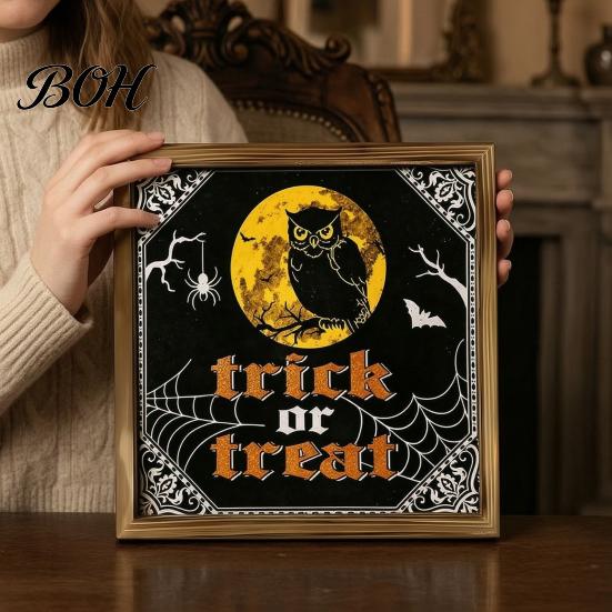 Halloween Wooden Tabletop Ornaments Framed Decor Sign, Happy Trick or Treat Printed Picture Frame, Small Entryway Displays Witch Castle Owl