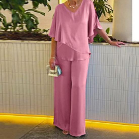 2 Pcs/Set Women Top Pants Suit V Neck Bat Sleeve Irregular Hem