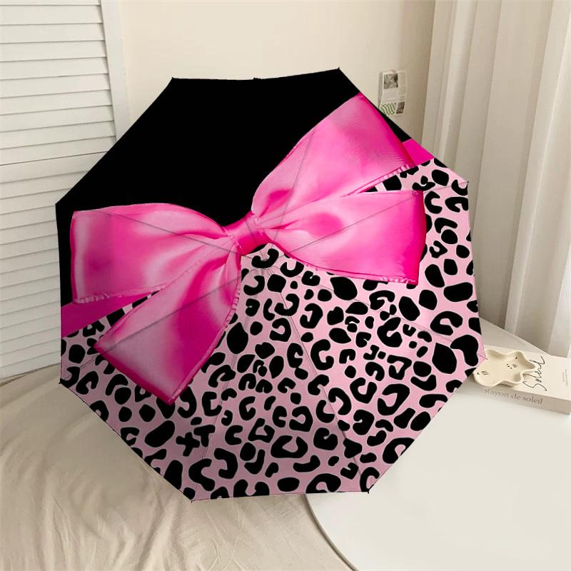 1PC Pink leopard print bow Umbrella-8-Rib Reinforced, Automatic Open, Lightweight & Durable, Fashion Accessory for Outdoor, H0365