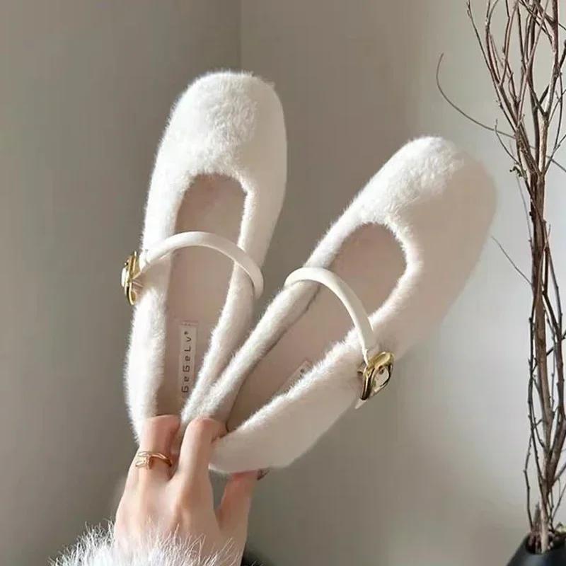 2025 Fur Flats Ballet Dance Shoes Casual Short Plush Boots Fashion New Shallow Square Toe Zapatos Dress Walking Designer Shoes