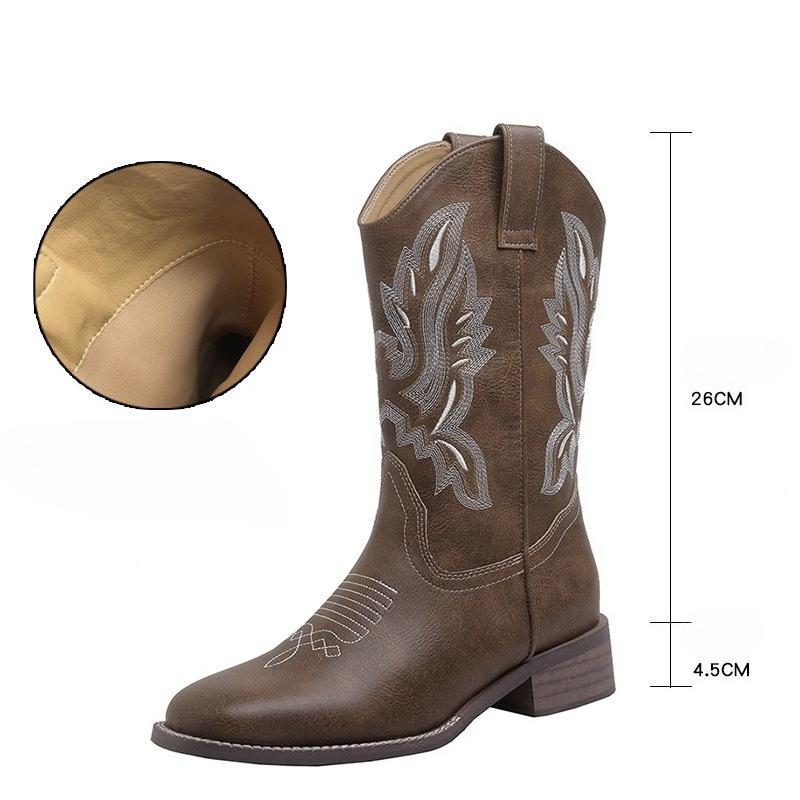 Fashion Genuine Leather Women Boots Autumn Embroidered Western Cowboy Boots Square Toe Thick Heel High Knee Boots Woman Long Botas Mujer