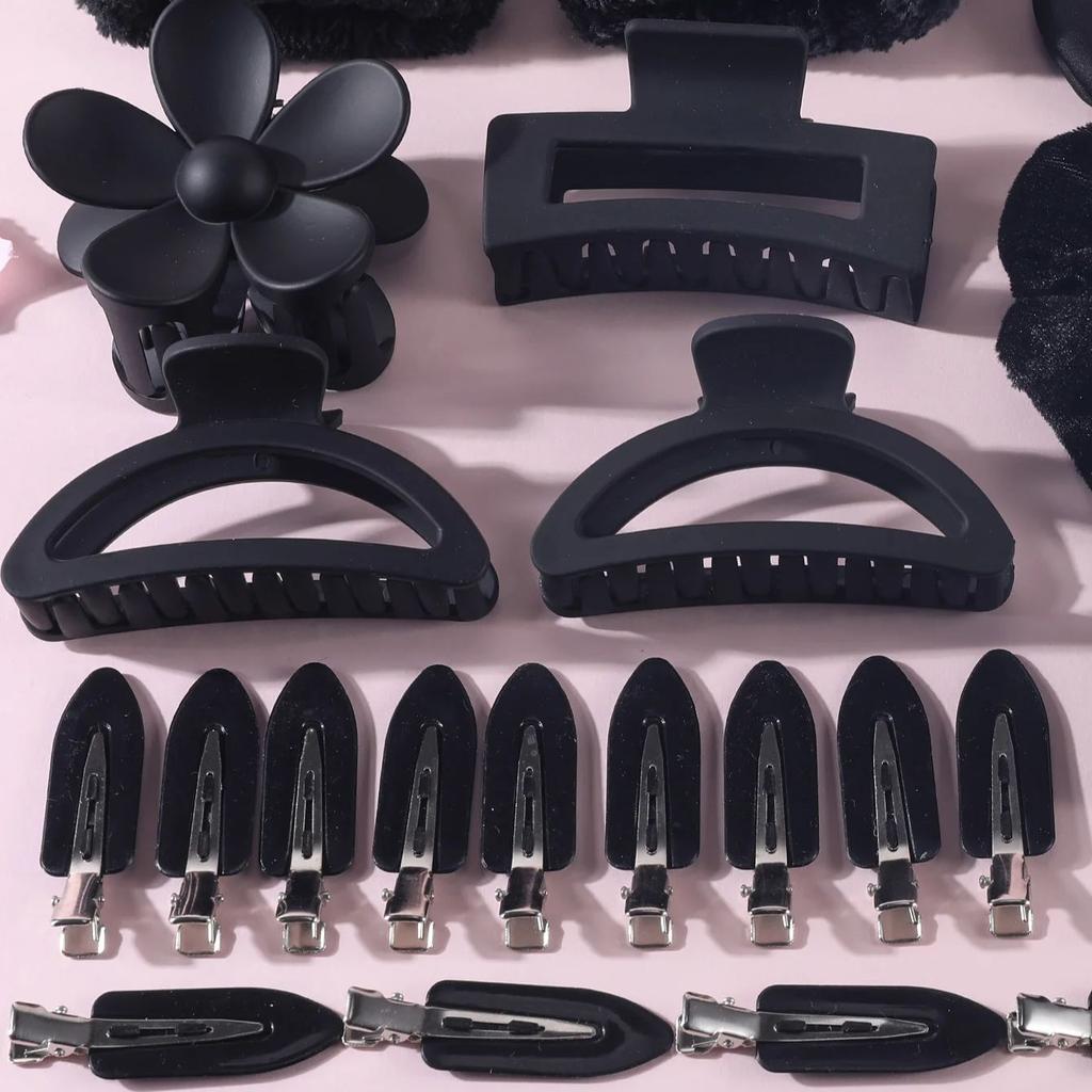 26ks Sada dámských černých sponek do vlasů Elastická čelenka Velká matná spona do vlasů Bezšvé držáky na culík Gumičky do vlasů