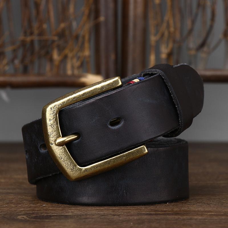 Belt Men's Thick Retro Vegetable Tanned Cow Leather Brass Buckle Belt Men's Casual Rough Fashion