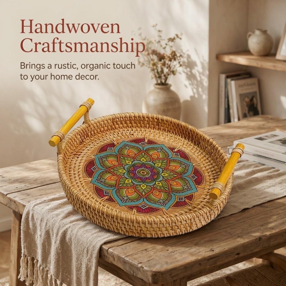 Wicker Weave Rattan Serving Tray Round Shape Round Wicker Basket Woven Rattan Tray Fruit Serving