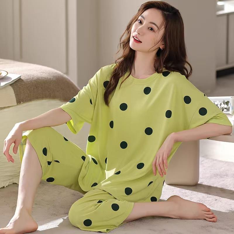 Summer Pure Cotton Pajamas Women's Pullover Sweet Casual Short-sleeved Cropped Pants Can Be Worn Outside Loungewear Student Dormitory Set