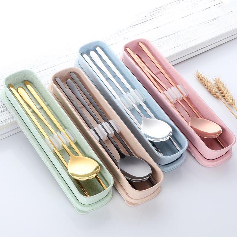 18/8 Korean Stainless Steel Food Chopsticks Spoon Set Long Handle Flat Non-Slip Chopsticks Dessert Spoon Dinnerware Set With Box